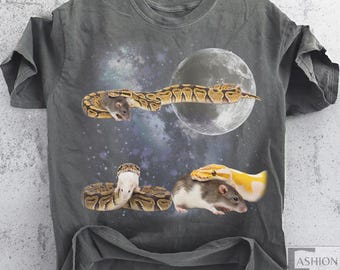Three Ball Python Rat Graphic T-shirts, Retro Python Moon Shirt, Funny Snake Mouse Tshirt Oversized Washed Tee Silly Gift Reptile Lovers Top