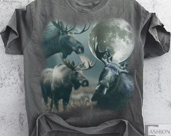 Three Moose Retro Graphic Shirts, Vintage Moose Moon Tshirt, Moose T-Shirt, Funny Tee, Oversized Washed Tee, Moose Shirt Gothic Tee Wildlife
