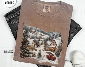 Retro Christmas Village Comfort Colors Tshirt, 90s Vintage Xmas Short Winter Mountain Pine Trees Tee Holiday Boho Unisex cute Christmas Tee
