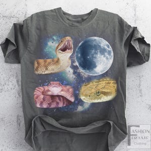 May include: Dark gray t-shirt featuring a graphic design of four snake heads, a blue moon, and a galaxy background. The snakes are in shades of brown, pink, and yellow. The shirt has short sleeves and a crew neck.