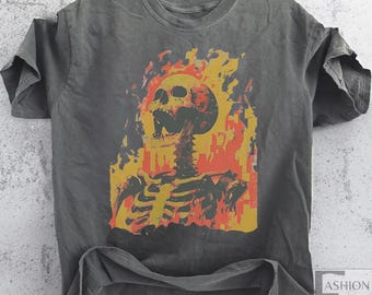 Burning Skeleton Y2K Gothic Shirt, Vintage 90s Grunge Tshirt, Horror Shirt Dark art Tee Edgy Horror T-shirt, Skeletons Shirts Holiday Outfit