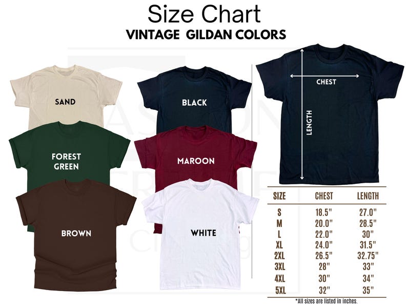May include: A size chart for vintage Gildan t-shirts, displaying various colors including sand, black, forest green, maroon, brown, and white. The chart includes chest and length measurements in inches for sizes S through 5XL.