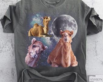 Three Camel Vintage Camel Graphic T-shirts, Vintage Camel Moon Tshirt, Camel Lovers Shirt, Funny Camel Tee, Oversized Washed Tee Silly Gifts