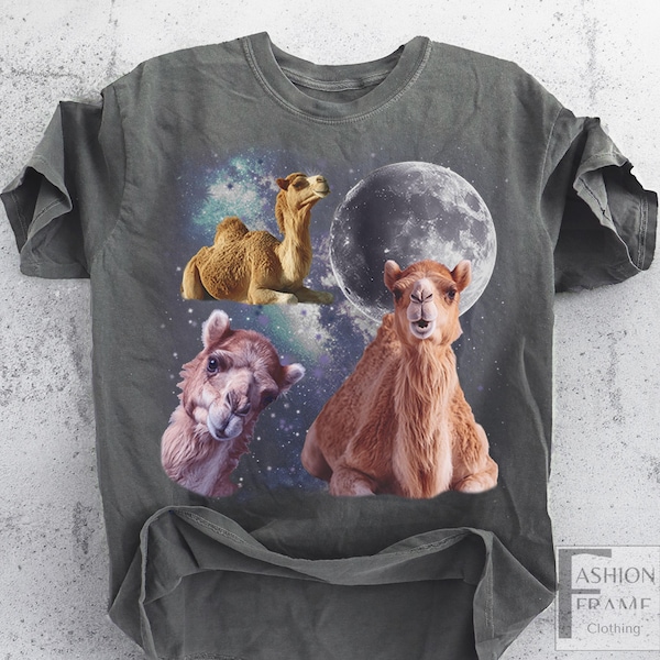 Three Camel Vintage Camel Graphic T-shirts, Vintage Camel Moon Tshirt, Camel Lovers Shirt, Funny Camel Tee, Oversized Washed Tee Silly Gifts