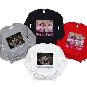 May include: Four long-sleeved sweatshirts with different colored backgrounds and images. The sweatshirts feature a scene from the movie 'The Parent Trap' with the text 'Girls... Ugh!' and 'Boys... Ugh!' printed on each.