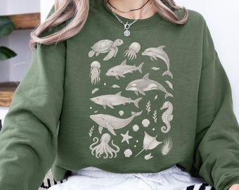 Sea Animals 90s Vintage Style Sweatshirt, Retro Ocean Sweater, Sea life Whale Tee, Orca Turtle Sweat, Dolphin Sweatshirt, Sea Life Tee