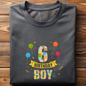 May include: A dark gray t-shirt with a colorful birthday design. The design features a number six made of colorful blocks, the words "Birthday Boy" and confetti.