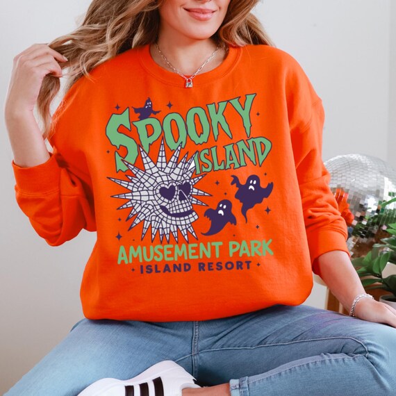 Spooky Island Ghost Sweatshirt, Retro Halloween Movie Sweat, Disco Skull Top, 90s Nostalgia Tee, Summer Spooky Tees, Horror Cartoon Tees