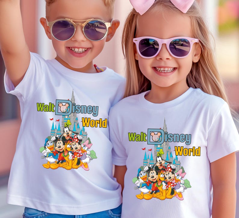 Puede incluir: Dos ni&ntilde;os con camisetas blancas con un gr&aacute;fico colorido de personajes de Disney y el texto "Walt Disney World". El gr&aacute;fico incluye a Mickey Mouse, Minnie Mouse, Pato Donald y Goofy. Ambos ni&ntilde;os llevan gafas de sol.