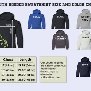 May include: Youth hooded sweatshirt size chart with measurements in inches and centimeters. The chart shows different colors including royal blue, black, sport grey, dark heather, white, and navy. The chart also includes a description of the safety features of the hoodies.