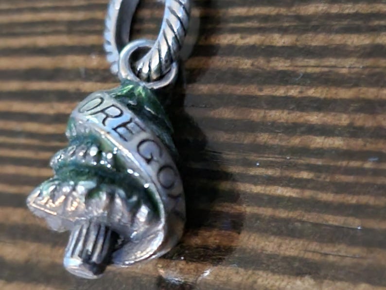Puede incluir: Un charm de plata con la palabra "OREGON" grabada. El charm tiene forma de &aacute;rbol y tiene detalles de esmalte verde. El charm est&aacute; unido a un lazo de plata.
