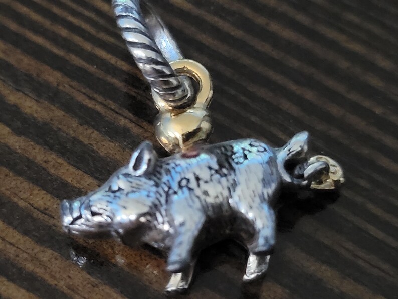 Puede incluir: Un dije plateado con forma de jabal&iacute;, con la palabra "ARKAS" grabada en un lateral. El dije est&aacute; unido a una fianza plateada y dorada, adecuado para un collar o pulsera.