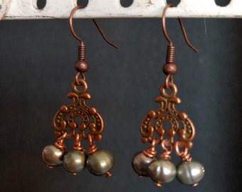 Roman style copper earrings with gemstones or glass
