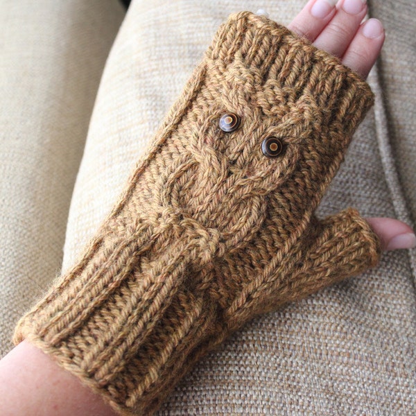Owl Cable Fingerless Knit Gloves - Surly Sheep PDF Pattern