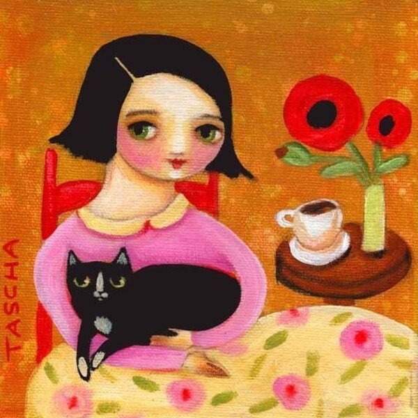 tuxedo cat tea time portrait PRINT from painting by tascha 6x6