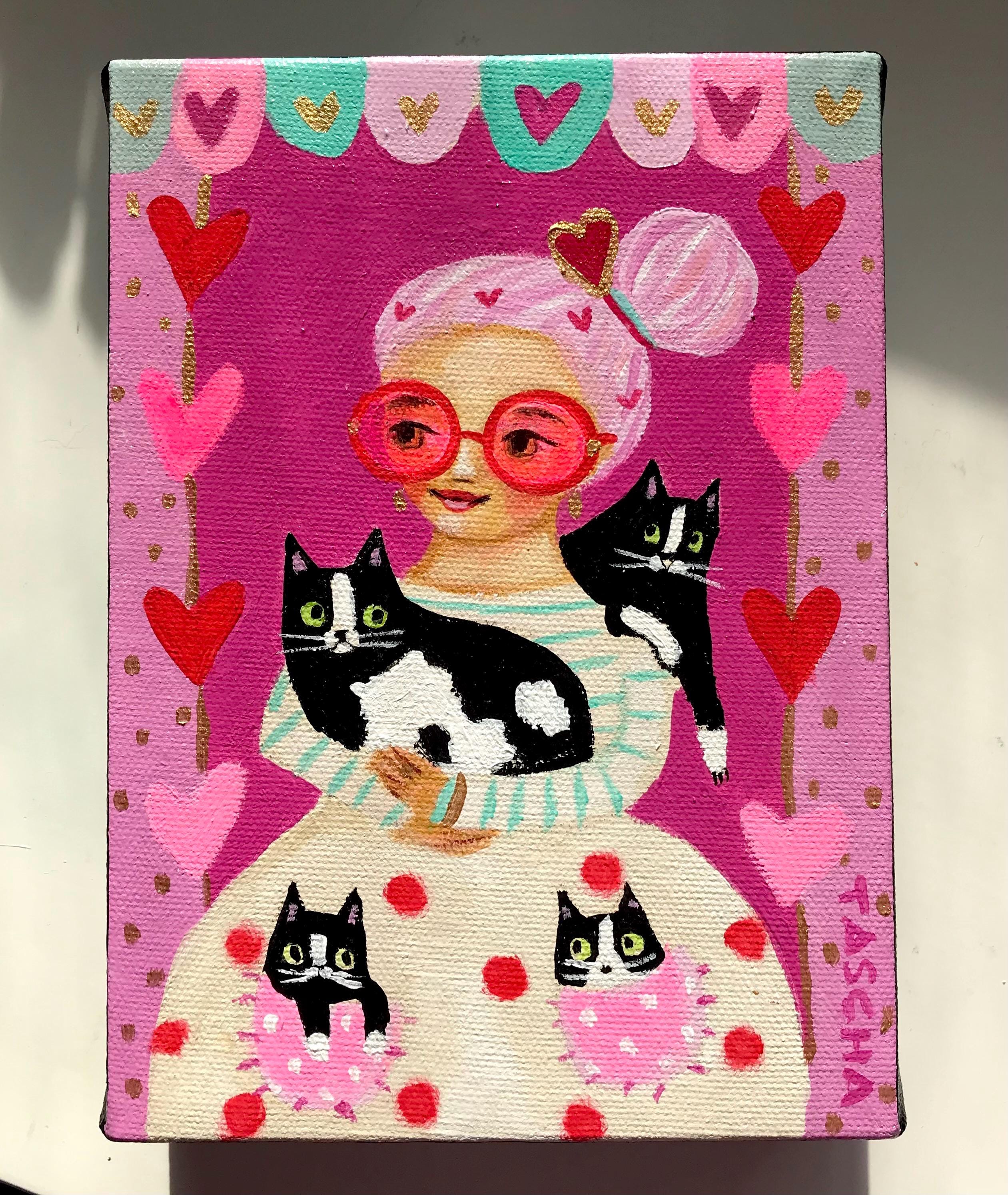 Original Love of tuxedo cats painting black and white cats cute Valentine pink and red hearts pet portrait cat naive folk art by TASCHA