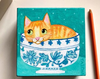Original Orange cat in blue and white bowl painting cute funny pet portrait naive cat folk art ginger kitty by TASCHA 5x5