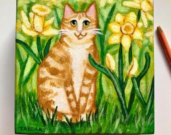 Original Cat Painting: Folk Art ORANGE GINGER cat with Daffodils Acrylic on wood panel 6x6 by TASCHA