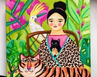 Original portrait painting: black cat in jungle with tiger and bird acrylic on canvas 12x12 TASCHA art