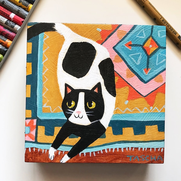 Original black and white cat on a rug painting cute pet portrait kawaii tuxedo cat naive folk art catlady lover gift by TASCHA 5x5