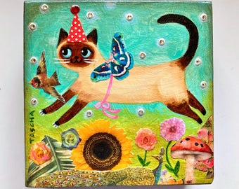 Original Mixed Media Cat Painting: Seal Point Siamese Cat Fairy Crystals and decorative papers collage Acrylic on Wood by TASCHA 5x5