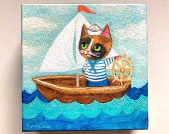 Calico Cat Sailor Painting, Original Nautical Art, 5x5 Wood Panel