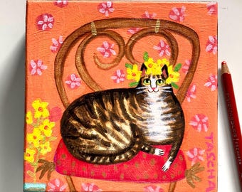 Original tabby cat on a wicker chair with yellow flowers on her head painting cute pet portrait naive folk art acrylic on wood by TASCHA 5x5
