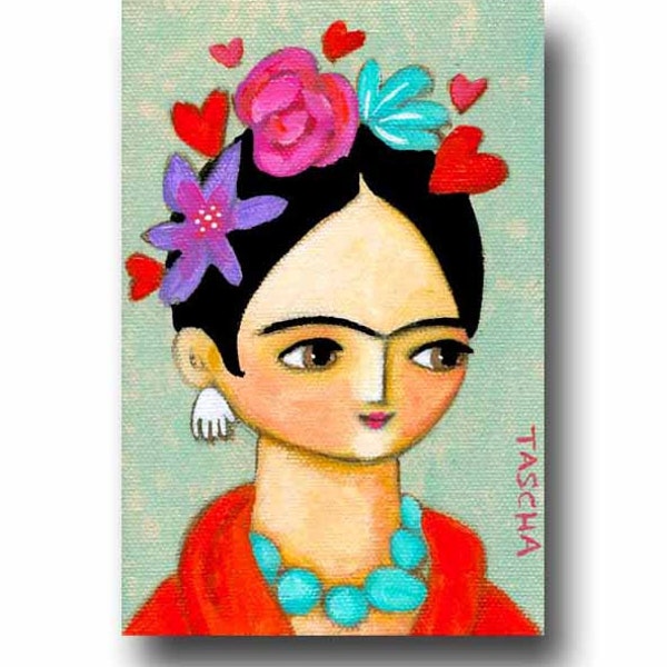 ORIGINAL mini sized ACRYLIC painting FRIDA Kahlo with hearts and flowers by tascha