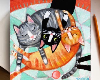 Original Topsy Turvy Cat Pile painting multi cat fun acrylic painting on canvas tuxedo orange gray striped cats by TASCHA 8x8