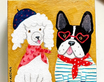 Original French Bulldog & Poodle Painting, Cute Dog Art 5x5
