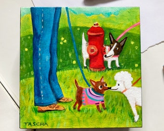 Original Dog Park painting cute pups going for a walk dog walker acrylic painting on wood naive folk outsider art by TASCHA chihuahua