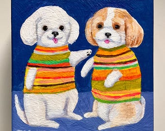 Who went PeePee while Mama was out? Original dog pet portrait shitzu puppy funny acrylic painting on wood TASCHA 5x5