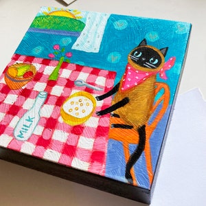 Original Siamese cat at breakfast table painting cute naive cat folk art first day of school seal point kitty small artwork by TASCHA 5x5 image 2