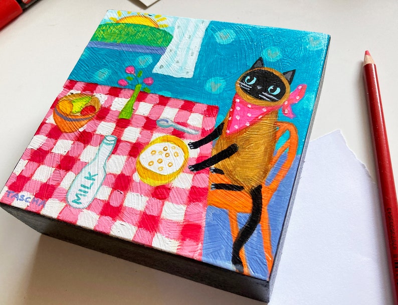 Original Siamese cat at breakfast table painting cute naive cat folk art first day of school seal point kitty small artwork by TASCHA 5x5 image 2