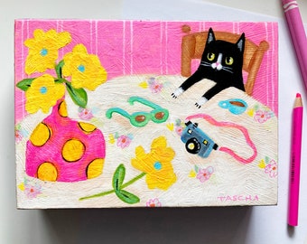 Original Tuxedo Cat at table painting Mama's sunglasses and camera cute pink naive folk art painting catlady art acrylic on wood by TASCHA