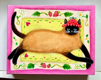 Original painting Siamese Cat in Strawberry Hat cute cat folk art acrylic painting on wood by TASCHA 10x8