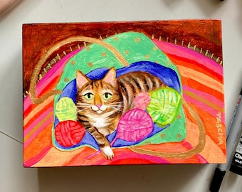 Original tabby cay in knitting bag painting cat pet portrait acrylic on wood funny cute striped cat by TASCHA 7x5