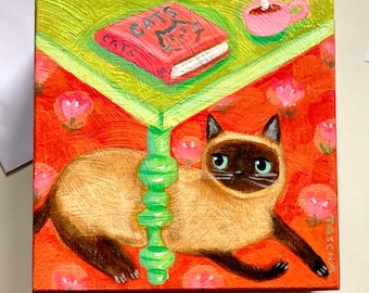 Original Siamese Cat under the table acrylic painting seal point siamese cat folk art decor by TASCHA