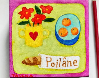 Original Home from the Bakery painting french loaf from Poilane Paris France tablescape outsider art naive folk art food kitchen art TASCHA