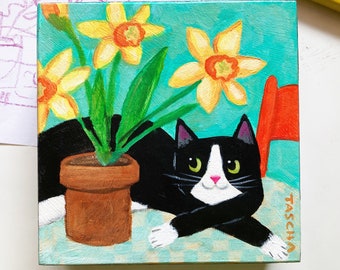 Original Painting Tuxedo Cat with Daffodils mini acrylic painting on wood one of a kind hand painted Spring Easter folk art by TASCHA 5x5