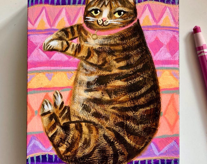 Original Acrylic Painting Big Tabby Cat on a Rug Cute Cat Pet Portrait ...