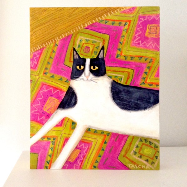 Tuxedo Cat on pink and green Aztec rug CAT folk art painting ORIGINAL acrylic painting by artist TASCHA