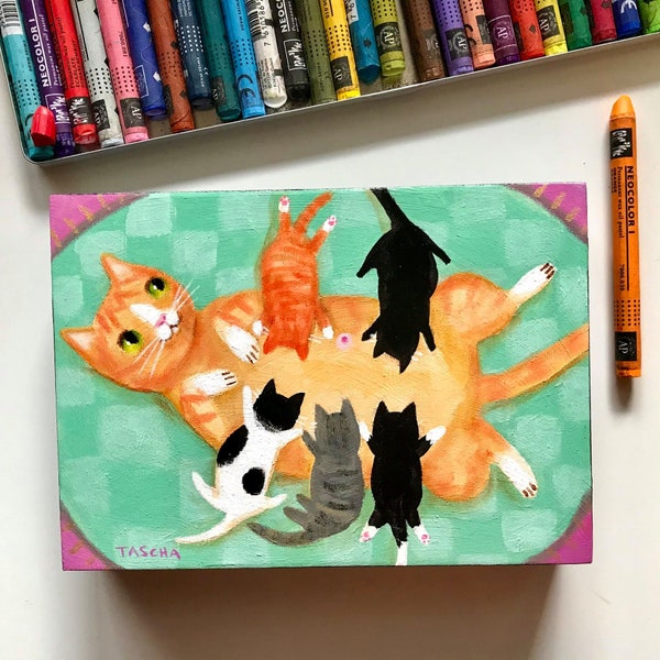 ORIGINAL Mama Cat and Kittens painting Orange tabby cat nursing babies cute naive cat folk art original acrylic painting by TASCHA