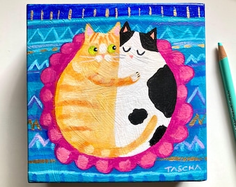Original Cat painting: ginger cat hugs black and white kitty on rug Naive Folk Art, Acrylic on Wood by TASCHA 5x5