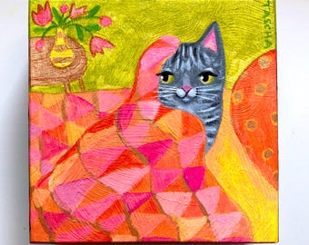 Tabby Cat Painting: Original Folk Art on Pink Quilt, 5x5