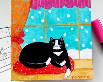 Original Tuxedo Cat Snow Day painting acrylic on wood black and white cat naive folk art hand painted artwork by TASCHA  winter wonderland