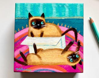 Original Cat Painting: two seal point siamese cats on a rug in a box Naive Folk Art, Acrylic on Wood by TASCHA 5x5