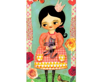 ORIGINAL Princess girl with cat painting paper collage and acrylic paint original mixed media naive folk art by TASCHA 12x6 on wood