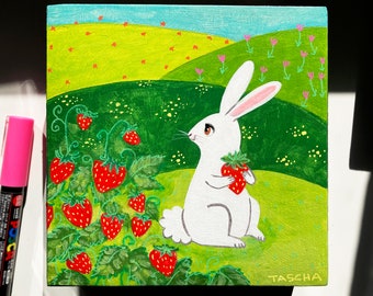 Original White Bunny Rabbit at Strawberry Patch painting cute Year of the Rabbit acrylic on wood Easter Spring folk artwork by TASCHA