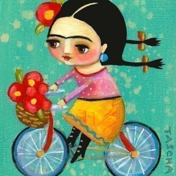 FRIDA KAHLO on her red bicycle PRINT of tascha painting 7x5